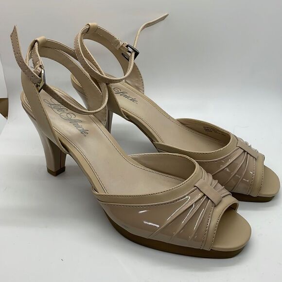 LifeStride Ladies "Acker" Strappy Peep Toe Pump Tan Leather High Heel Sandals - Picture 1 of 12